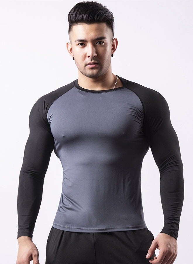 Men's Long Sleeve Compression Shirt Compression T-Shirt for Workout Sports Fitness Muscle Training Sportswear (Iron Gray + Black Sleeves) - Image 2