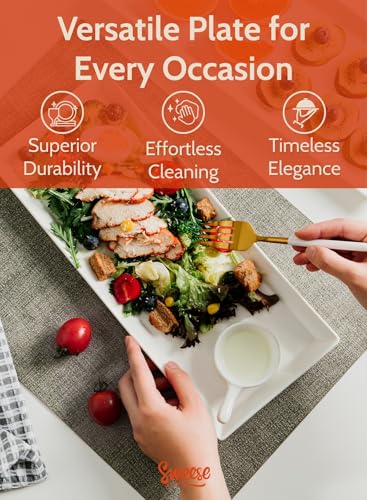 Sweese أطباق سيراميك مستطيلة من سويس، صواني تقديم للحفلات، 13.8 بوصة أطباق تقديم كبيرة للستيك، تاكو، سوشي، مقبلات، كعكة - آمنة في غسالة الصحون والفرن - مجموعة من 4، بيضاء - Image 4