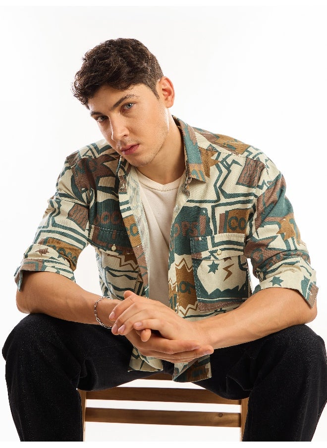 Beyoung Green and Brown Printed Dual Pocket Overshirt  - Image 1