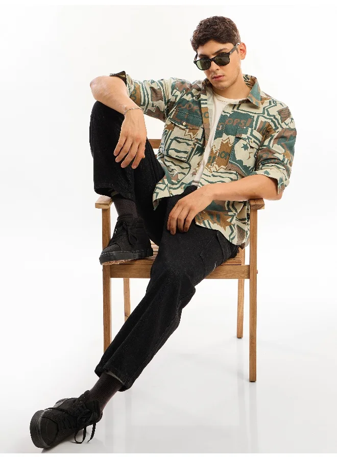 Beyoung Green and Brown Printed Dual Pocket Overshirt