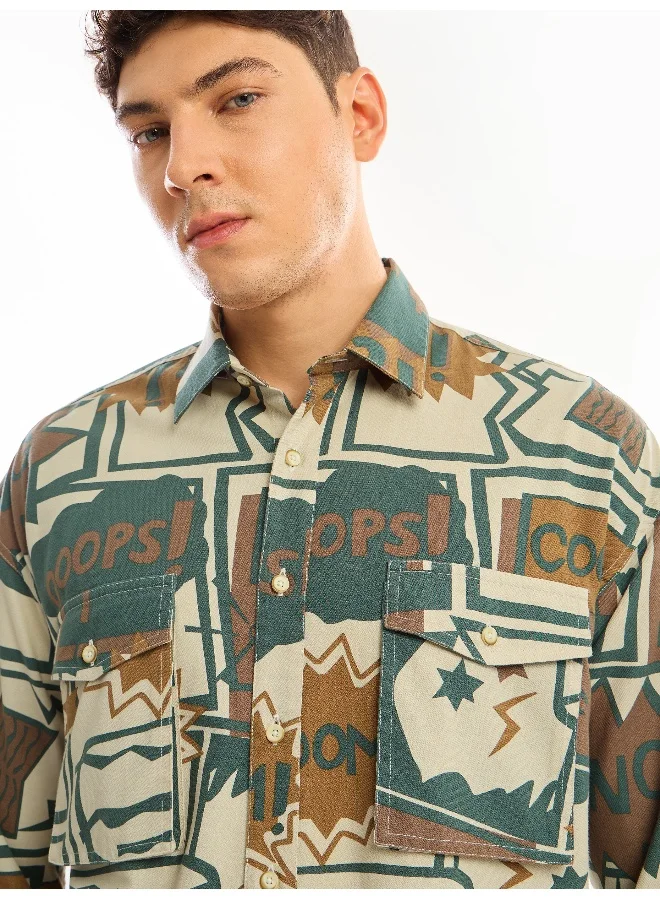 Beyoung Green and Brown Printed Dual Pocket Overshirt