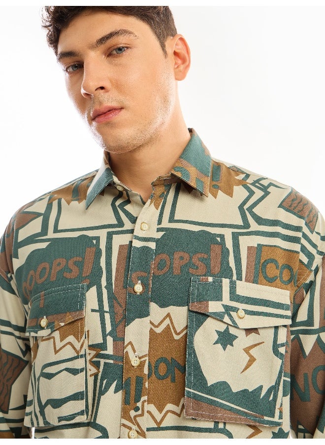 Beyoung Green and Brown Printed Dual Pocket Overshirt  - Image 3