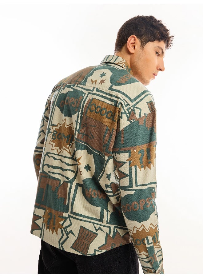 Beyoung Green and Brown Printed Dual Pocket Overshirt  - Image 2