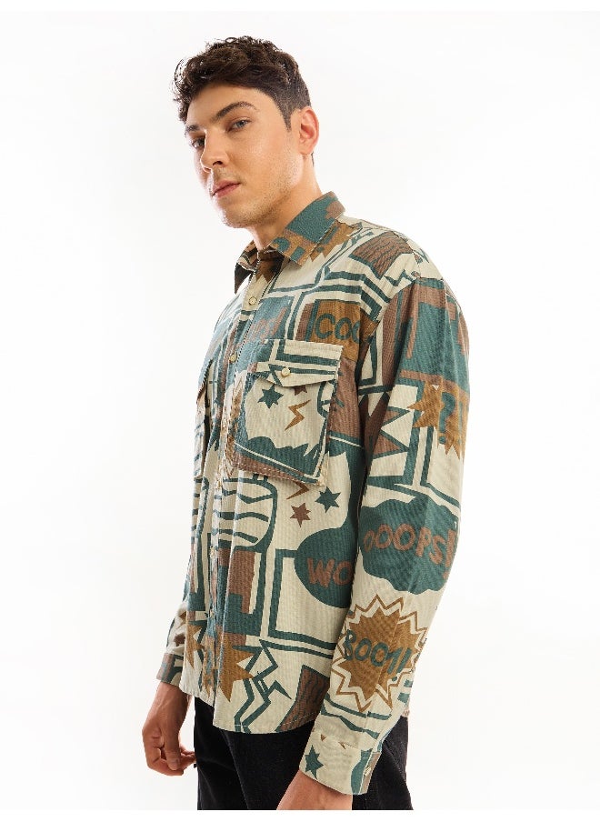 Beyoung Green and Brown Printed Dual Pocket Overshirt  - Image 4