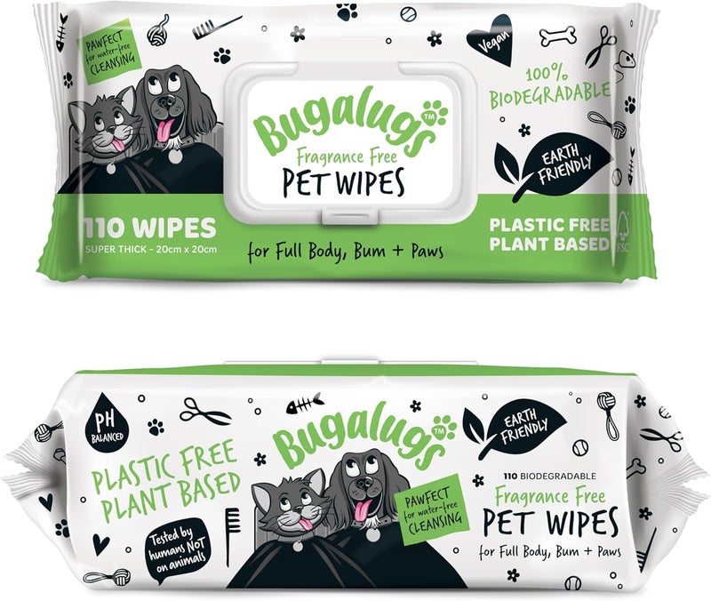 Bugalugs Fragrance Free Biodegradable Pet Wipes - 110 Wipes - Image 1