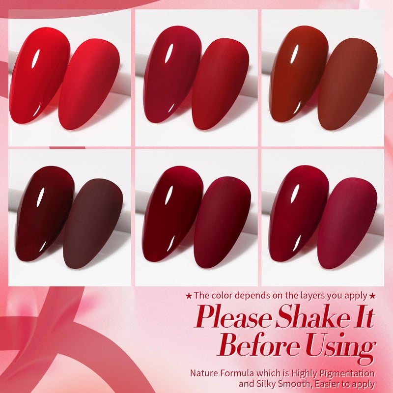 Born Pretty Red Gel Nail Polish Fall Winter 6 Colors Dark Red Burgundy Blood Cherry Wine Red Gel Nail Polish Soak Off Gel Polish Nail Art Design Manicure Salon DIY Home 7ml - Image 2