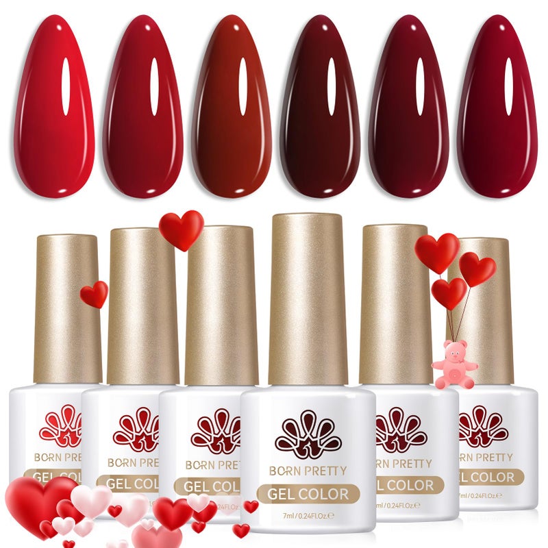 Born Pretty Red Gel Nail Polish Fall Winter 6 Colors Dark Red Burgundy Blood Cherry Wine Red Gel Nail Polish Soak Off Gel Polish Nail Art Design Manicure Salon DIY Home 7ml - Image 1
