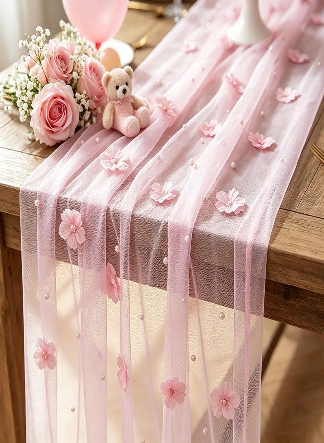 yuboo Pink Flower Pearl Table Runner, 120 Inch 10FT Spring Sheer Gauze Floral Table Runner for Birthday Party Gifts, Baby Shower Decorations - Image 1
