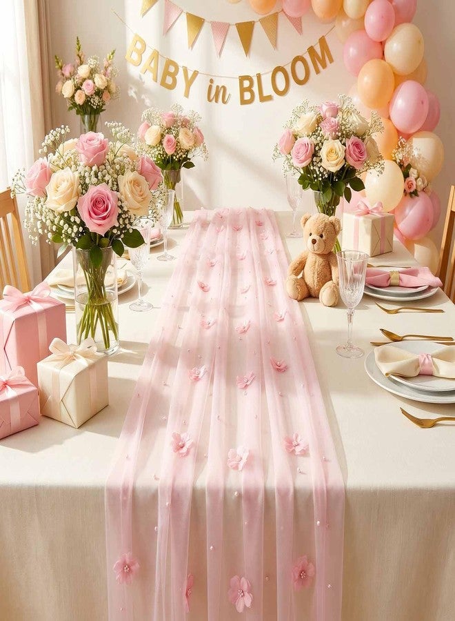 yuboo Pink Flower Pearl Table Runner, 120 Inch 10FT Spring Sheer Gauze Floral Table Runner for Birthday Party Gifts, Baby Shower Decorations - Image 2