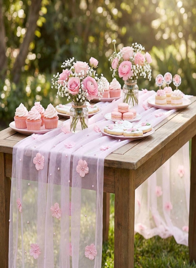 yuboo Pink Flower Pearl Table Runner, 120 Inch 10FT Spring Sheer Gauze Floral Table Runner for Birthday Party Gifts, Baby Shower Decorations - Image 4