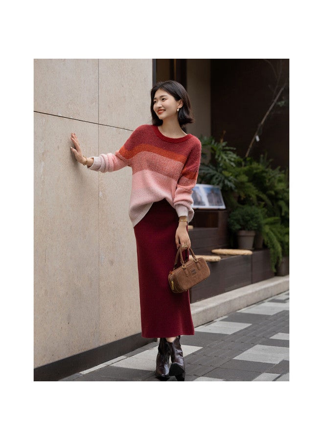 dme Demana Sunset Glow Winter Gradient Colorblock Crewneck Loose Wool Blend Lazy Knit Sweater For Women - Image 4