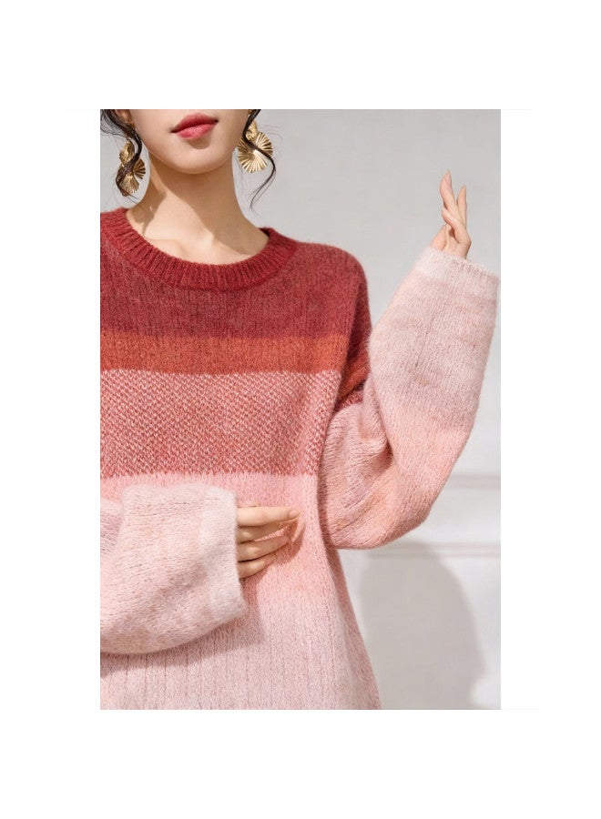 dme Demana Sunset Glow Winter Gradient Colorblock Crewneck Loose Wool Blend Lazy Knit Sweater For Women - Image 1