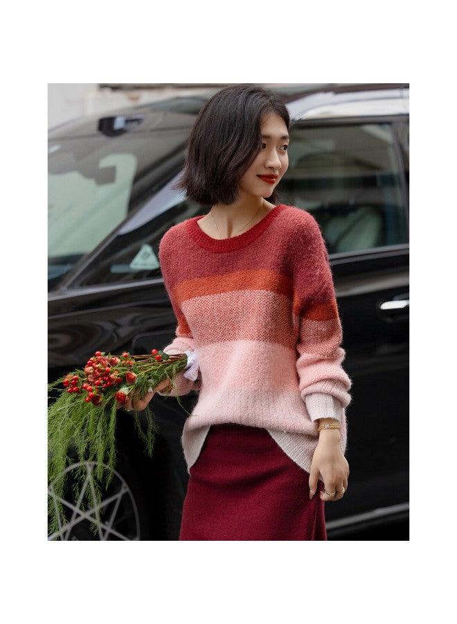 dme Demana Sunset Glow Winter Gradient Colorblock Crewneck Loose Wool Blend Lazy Knit Sweater For Women - Image 3