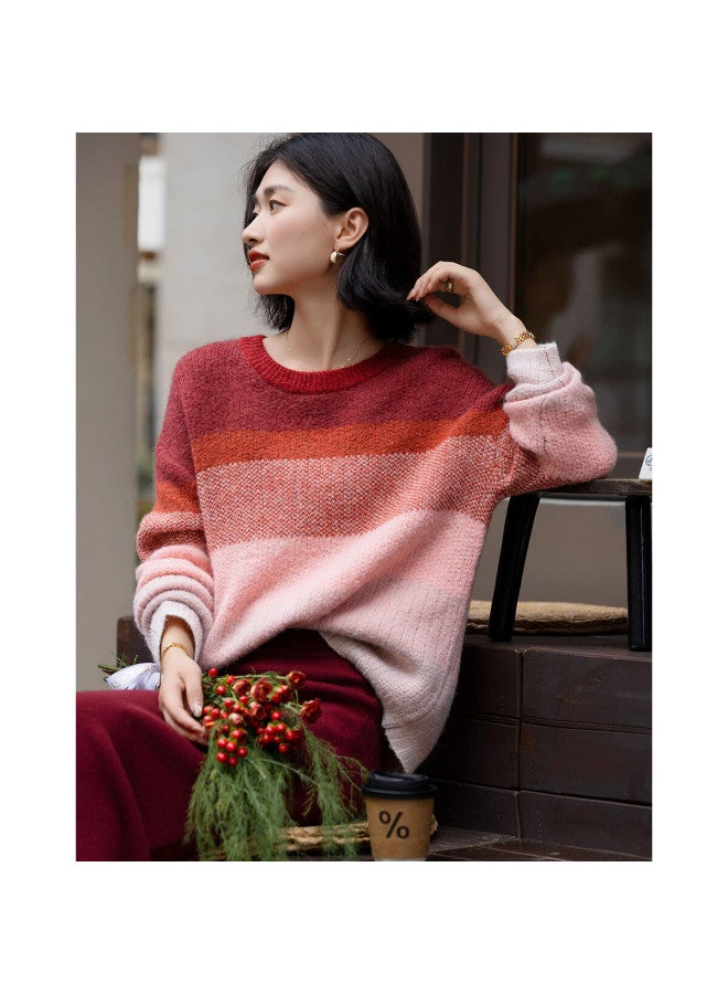 dme Demana Sunset Glow Winter Gradient Colorblock Crewneck Loose Wool Blend Lazy Knit Sweater For Women - Image 2