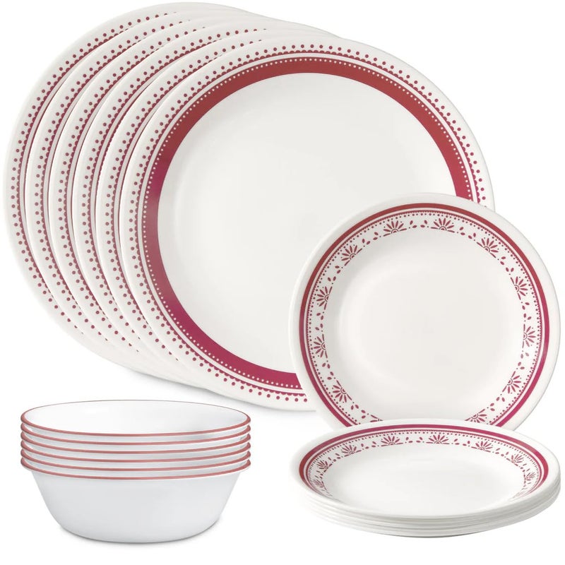 Corelle طقم أدوات المائدة كوريل إيفريداي 18 قطعة خدمة لـ 6 أشخاص متين وصديق للبيئة صحن زجاجي ووعاء بحافة أعلى آمن للاستخدام في الميكروويف وغسالة الصحون - سادي - Image 1