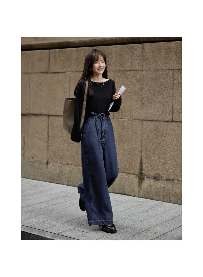 Mt Selected 100% Lyocell Spring Lightweight Stylish Wide Leg Pants With Waist Tie Comfortable Denim Pants For Women - Image 1