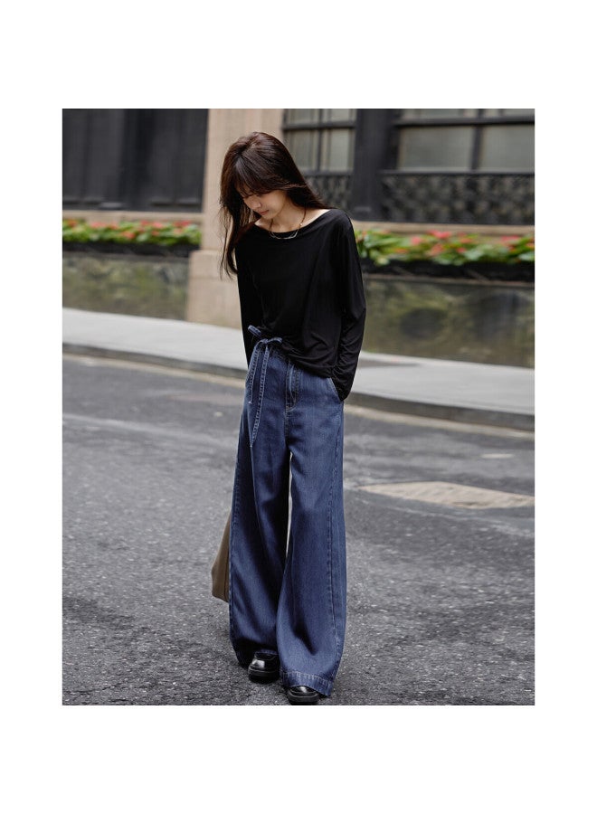 Mt Selected 100% Lyocell Spring Lightweight Stylish Wide Leg Pants With Waist Tie Comfortable Denim Pants For Women - Image 3