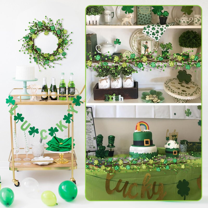 nuvagiki St. Patrick's Day Garland Decorations - 5.5Ft Shamrock Rag Garland with Green Berry Picks, Perfect St. Patrick's Day Decor and Party Supplies - Image 5