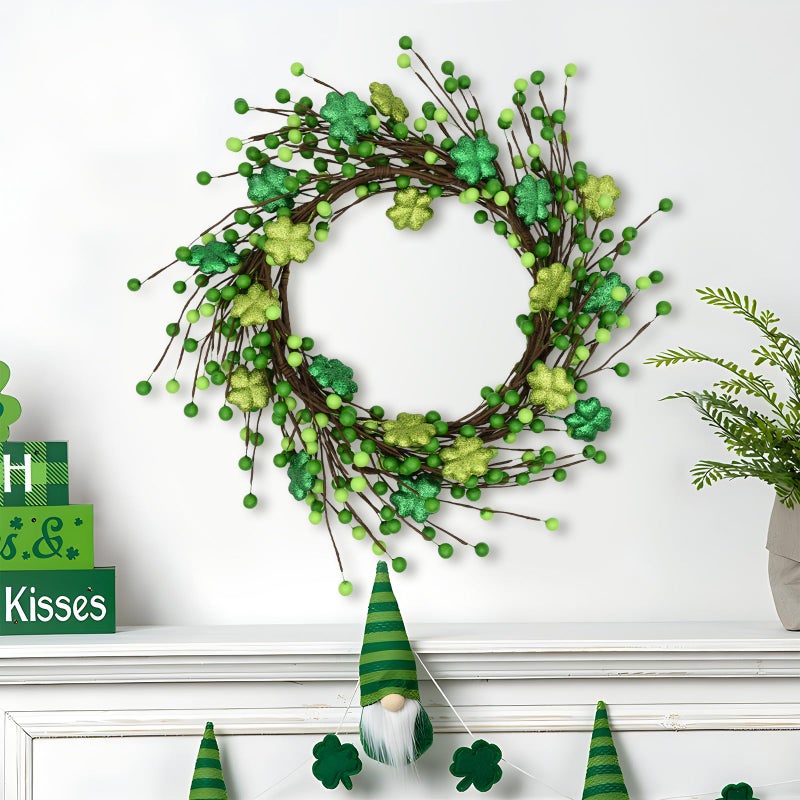 nuvagiki St. Patrick's Day Garland Decorations - 5.5Ft Shamrock Rag Garland with Green Berry Picks, Perfect St. Patrick's Day Decor and Party Supplies - Image 3