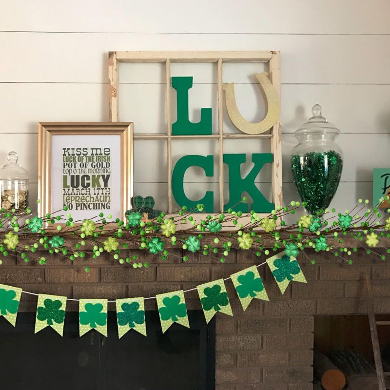 nuvagiki St. Patrick's Day Garland Decorations - 5.5Ft Shamrock Rag Garland with Green Berry Picks, Perfect St. Patrick's Day Decor and Party Supplies - Image 2