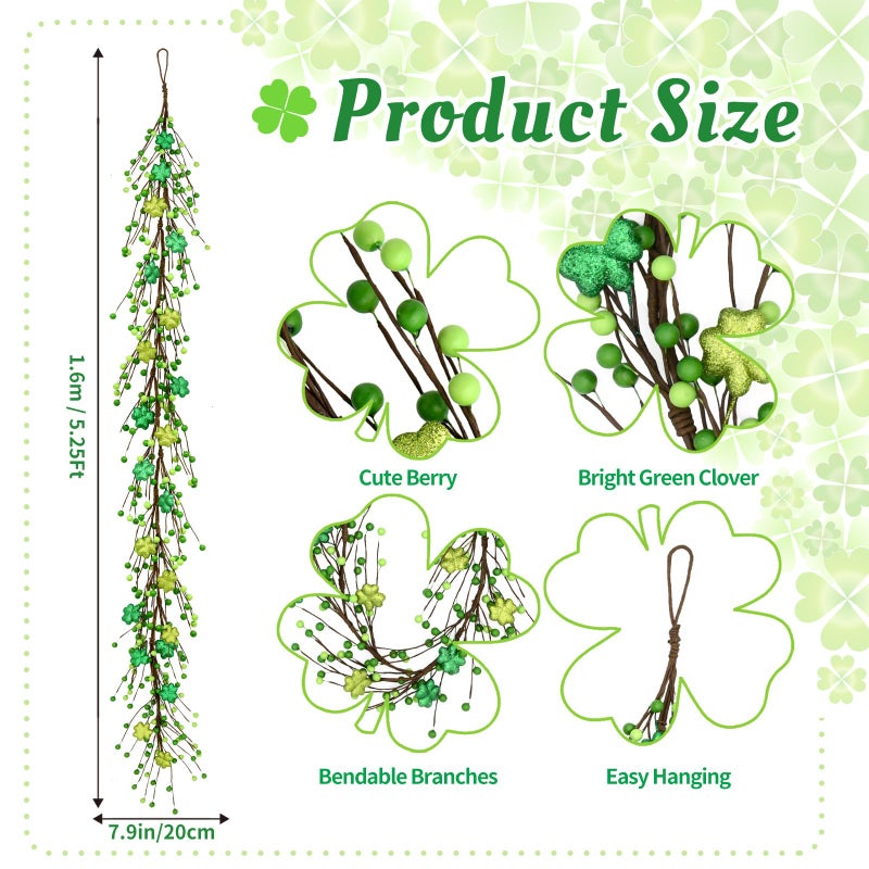 nuvagiki St. Patrick's Day Garland Decorations - 5.5Ft Shamrock Rag Garland with Green Berry Picks, Perfect St. Patrick's Day Decor and Party Supplies - Image 4