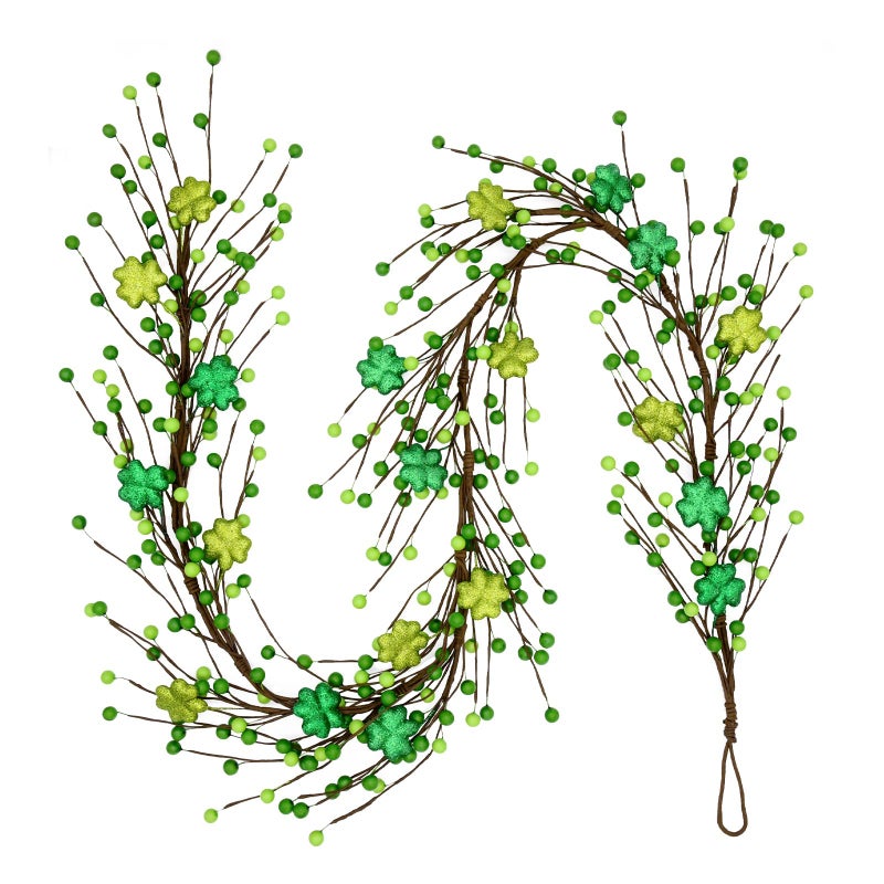 nuvagiki St. Patrick's Day Garland Decorations - 5.5Ft Shamrock Rag Garland with Green Berry Picks, Perfect St. Patrick's Day Decor and Party Supplies - Image 1