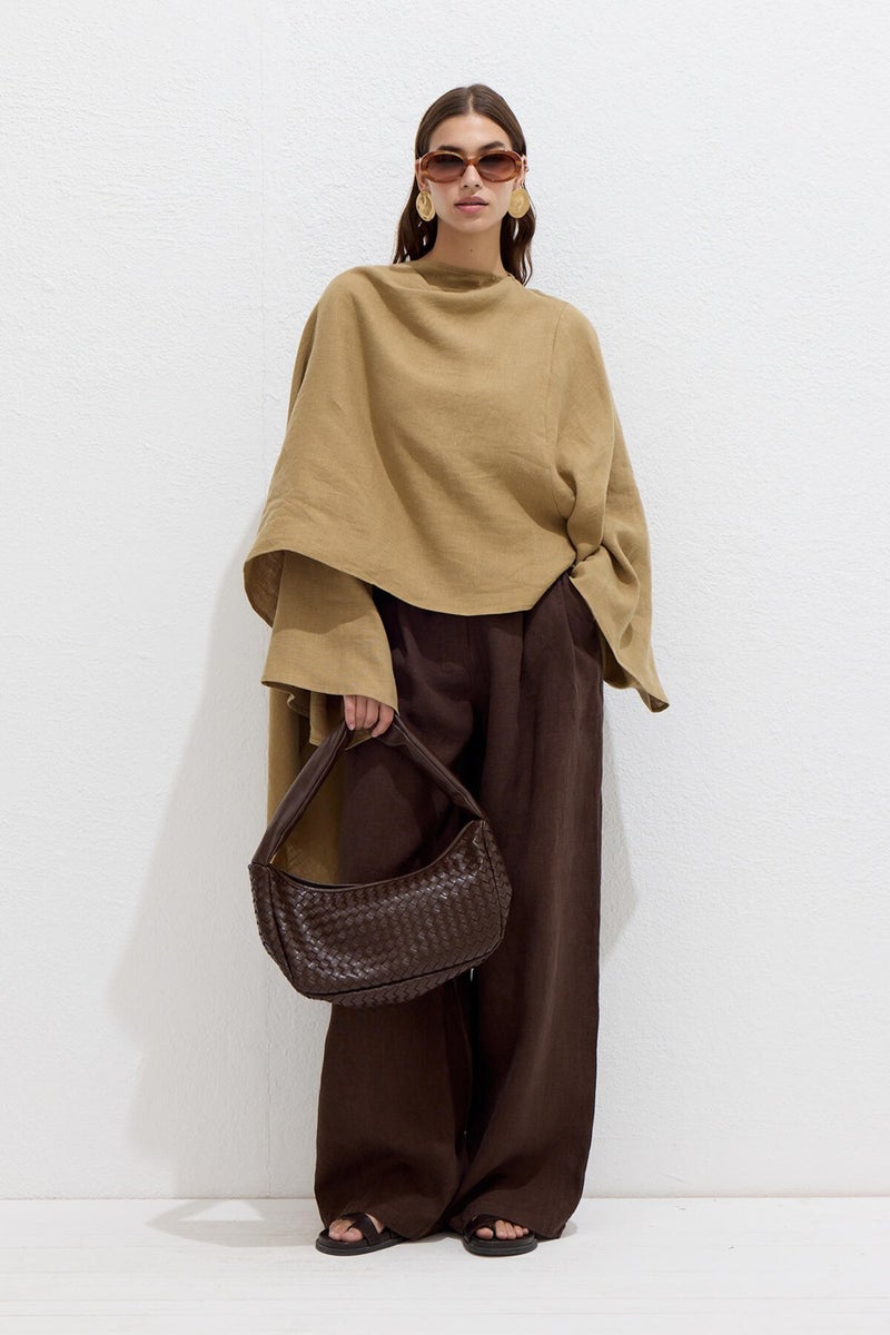 Manuka Asymmetrical Linen Cape Blouse Sahara  - Image 2