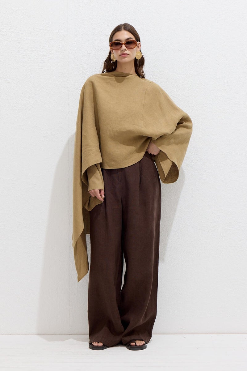 Manuka Asymmetrical Linen Cape Blouse Sahara  - Image 3