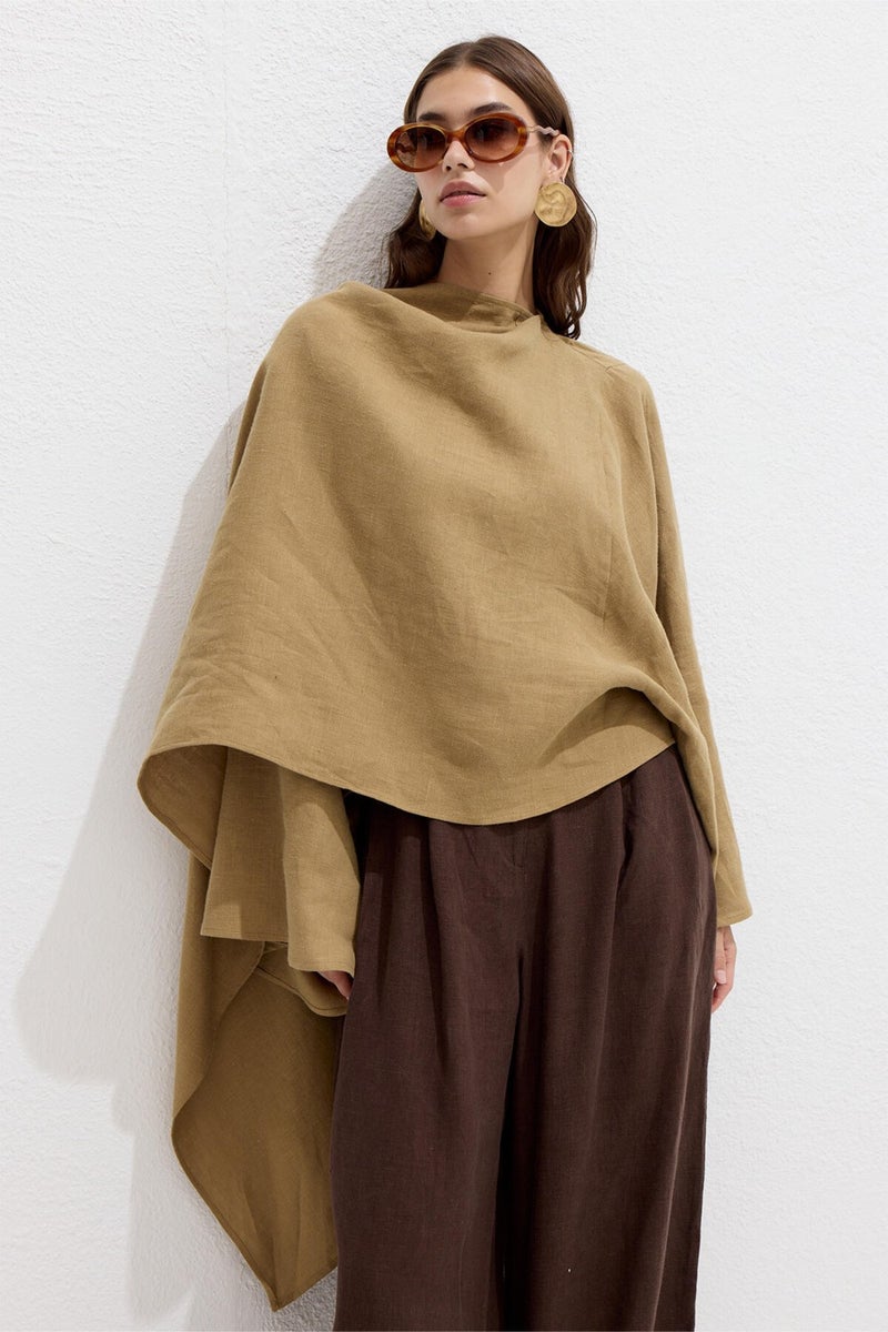 Manuka Asymmetrical Linen Cape Blouse Sahara  - Image 1