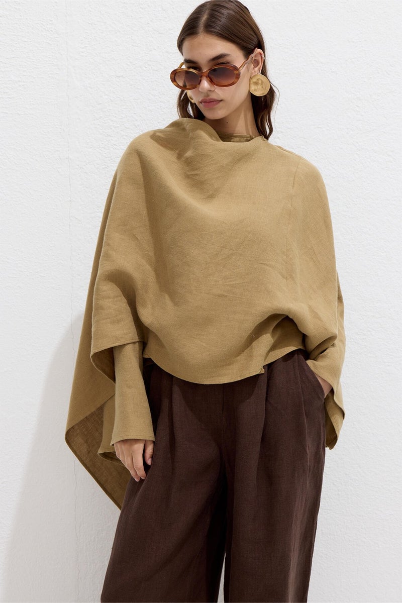 Manuka Asymmetrical Linen Cape Blouse Sahara  - Image 4