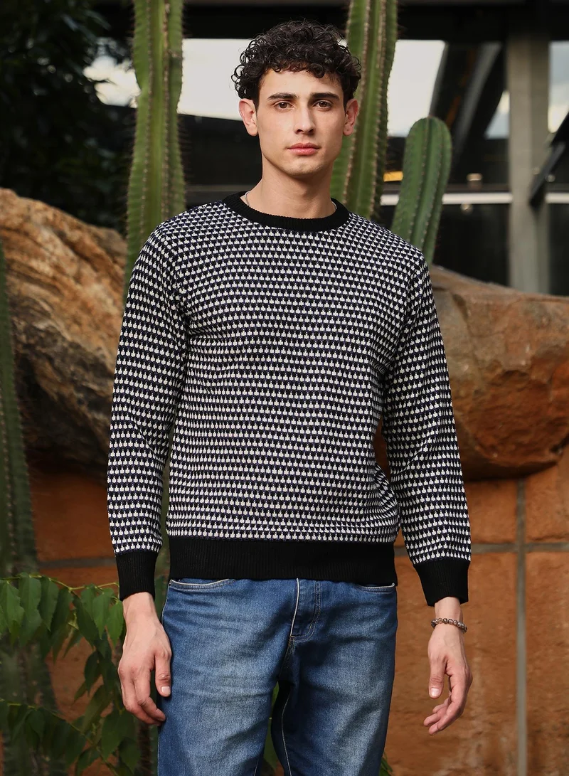 كامبوس سوترا Campus Sutra Men's Onyx Black Contrast-Jacquard Knit Pullover Sweater | Round Neck , Ribbed Cuff Sleeves , Pull On Closure , Ribbed-Straight Hem | Abstract Jacquard For Casual & Daily Wear