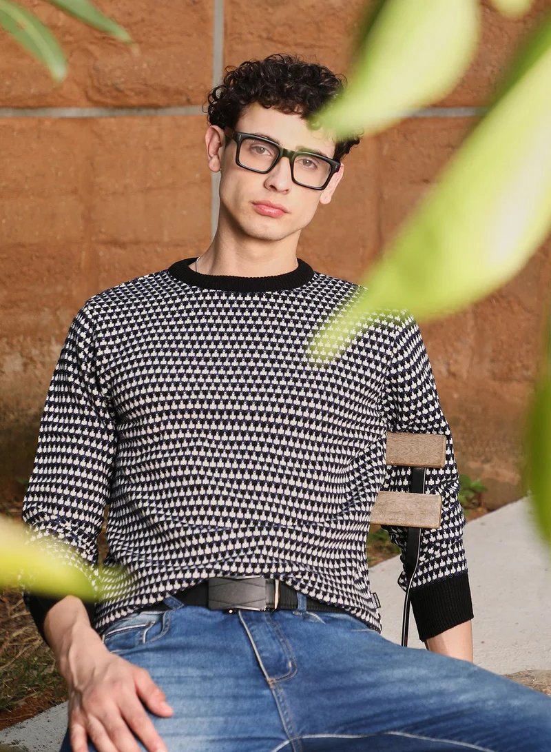 كامبوس سوترا Campus Sutra Men's Onyx Black Contrast-Jacquard Knit Pullover Sweater | Round Neck , Ribbed Cuff Sleeves , Pull On Closure , Ribbed-Straight Hem | Abstract Jacquard For Casual & Daily Wear