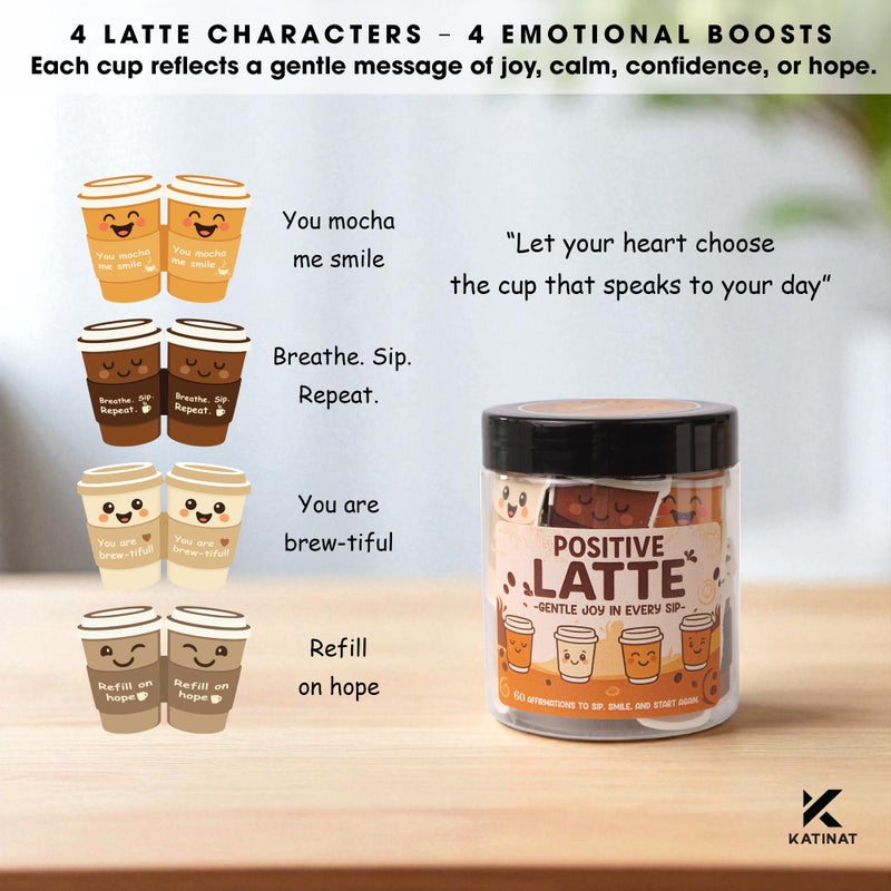 KATINAT Positive Latte Affirmation Jar â€“ 60pcs Cute Emotional Support Lattes â€“ Coffee Gifts for Women, Menâ€“ Birthday Gift, White Elephant Gift for Coworker, Boss, Nurse, Teacher, Teens, Back to School Gifts - Image 2