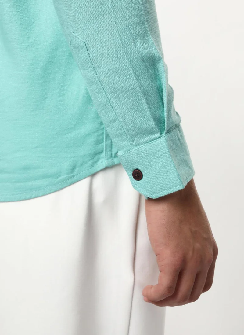 Urbano Fashion  Urbano Fashion Men's Light Teal Linen Blend Full Sleeve Relaxed Fit Mandarin Collar Casual Solid Shirt for Men | Best Price UAE