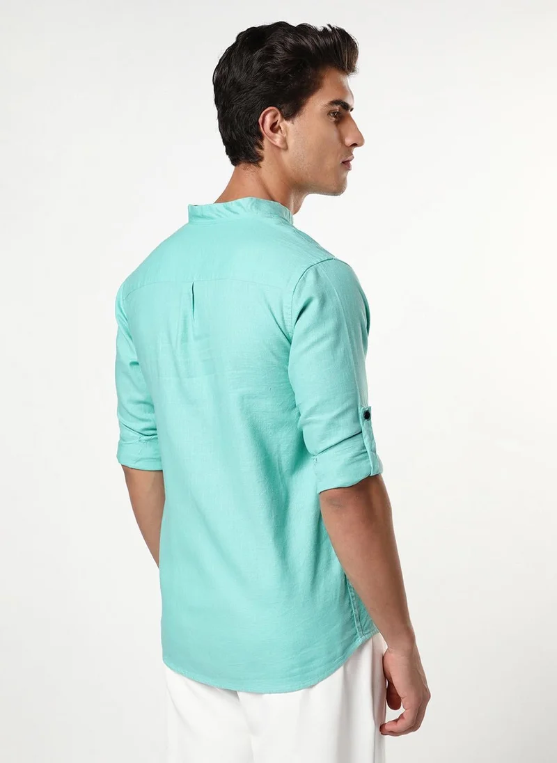 Urbano Fashion  Urbano Fashion Men's Light Teal Linen Blend Full Sleeve Relaxed Fit Mandarin Collar Casual Solid Shirt for Men | Best Price UAE