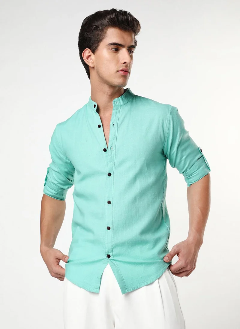 Urbano Fashion Men's Light Teal Linen Blend Full Sleeve Relaxed Fit Mandarin Collar Casual Solid Shirt