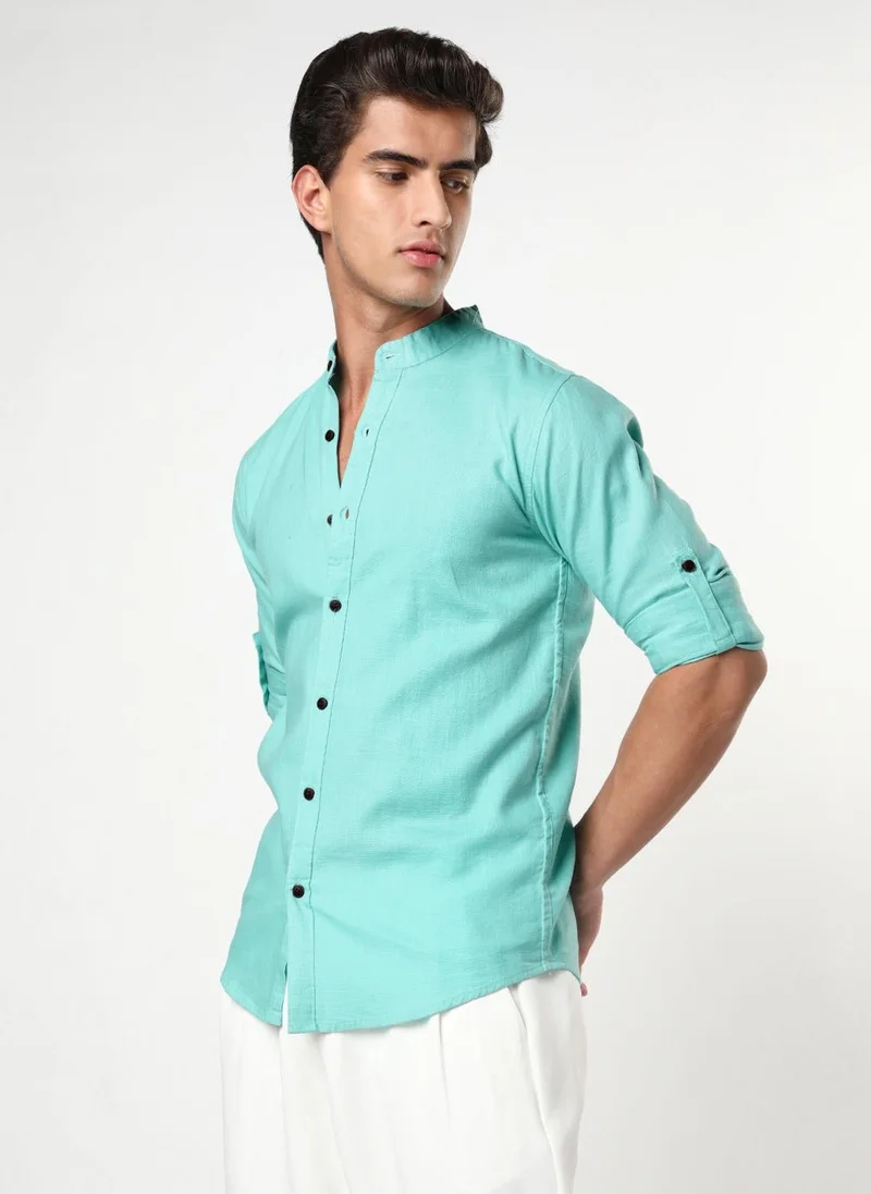 Urbano Fashion  Urbano Fashion Men's Light Teal Linen Blend Full Sleeve Relaxed Fit Mandarin Collar Casual Solid Shirt for Men | Best Price UAE