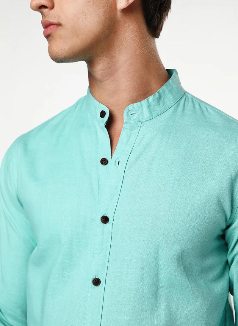 Urbano Fashion  Urbano Fashion Men's Light Teal Linen Blend Full Sleeve Relaxed Fit Mandarin Collar Casual Solid Shirt for Men | Best Price UAE