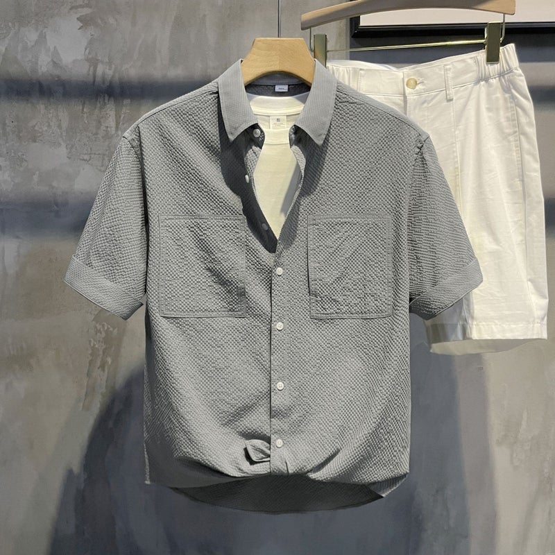 Fashionable Grain Texture Casual Shirt Gentleman Turn-Down Collar Short Sleeve Men Summer Breathable Top - Image 4