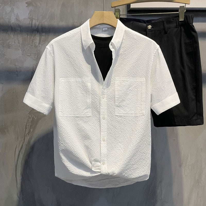 Fashionable Grain Texture Casual Shirt Gentleman Turn-Down Collar Short Sleeve Men Summer Breathable Top - Image 1