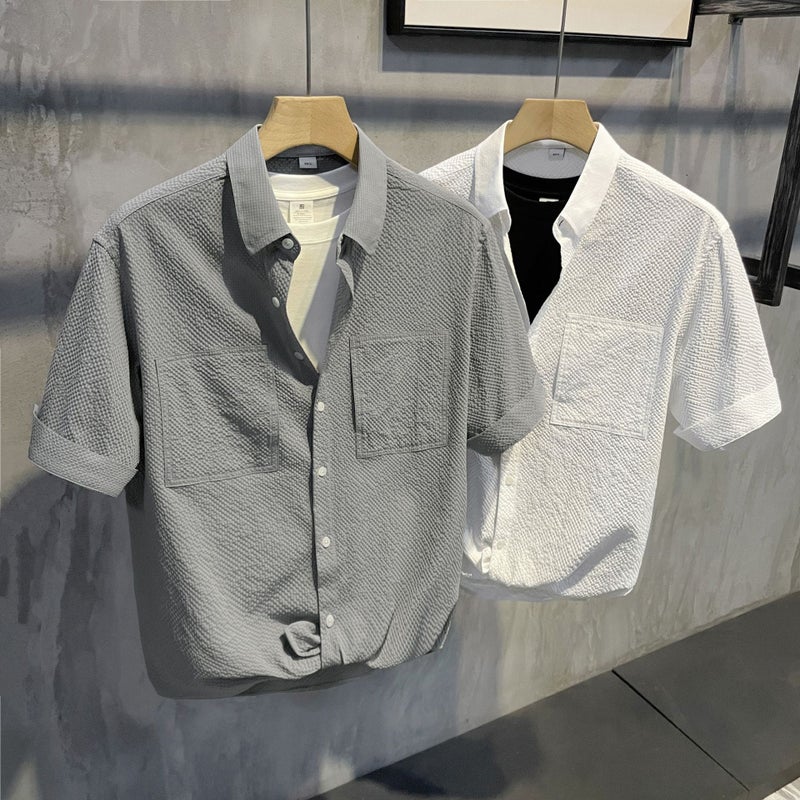 Fashionable Grain Texture Casual Shirt Gentleman Turn-Down Collar Short Sleeve Men Summer Breathable Top - Image 2