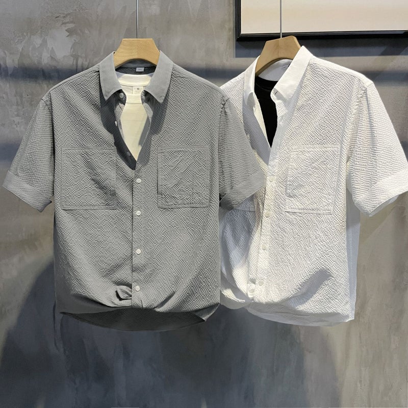 Fashionable Grain Texture Casual Shirt Gentleman Turn-Down Collar Short Sleeve Men Summer Breathable Top - Image 3