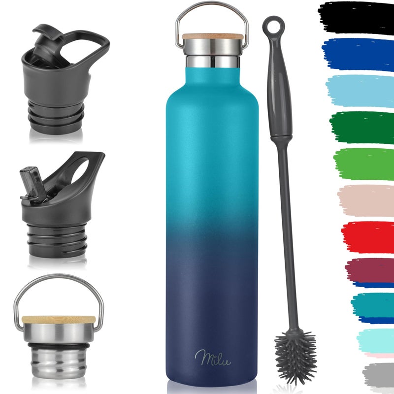 Milu Stainless Steel Drinking Bottle 350ml 500ml 750ml 1l 3 Lids  Thermo Bottle with Straw Water Bottle for Hot Cold  Carbonated Drinks Green Blue 1000ml