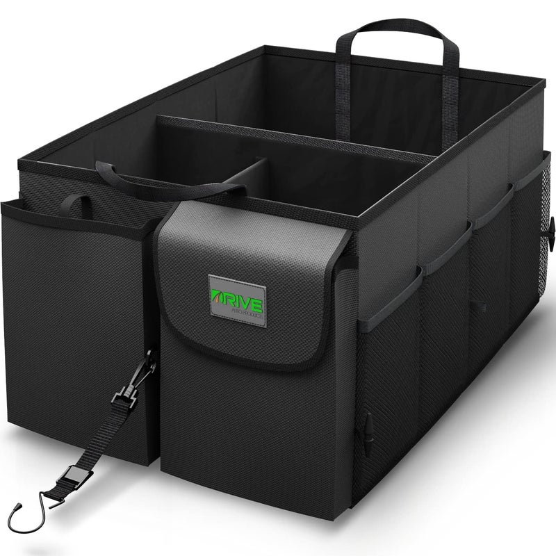 DRIVE Car Trunk Organizer Collapsible MultiCompartment Automotive SUV Car Organizer for Storage wAdjustable Straps Truck Car Accessories for Women and Men Black