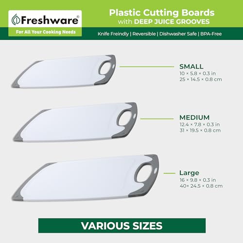 Freshware ألواح تقطيع فريش وير للمطبخ، مجموعة 3 قطع بأحجام مختلفة، أخاديد عصير ومقابض غير قابلة للانزلاق - قابلة للعكس، مجموعة ألواح تقطيع كبيرة - آمنة في غسالة الصحون - رمادي - Image 4