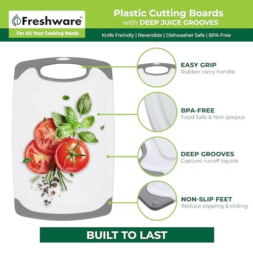 Freshware ألواح تقطيع فريش وير للمطبخ، مجموعة 3 قطع بأحجام مختلفة، أخاديد عصير ومقابض غير قابلة للانزلاق - قابلة للعكس، مجموعة ألواح تقطيع كبيرة - آمنة في غسالة الصحون - رمادي - Image 5