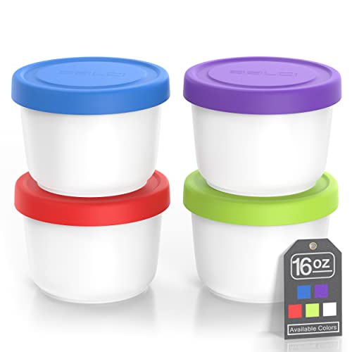 BALCI - 16oz Ice Cream Containers with Silicone Lids (Set of 4) - 1 Pint Each Freezer Food Storage Containers, Reusable, LeakProof, For Homemade IceCream Containers - Blue, Red, Green, Purple - Image 1