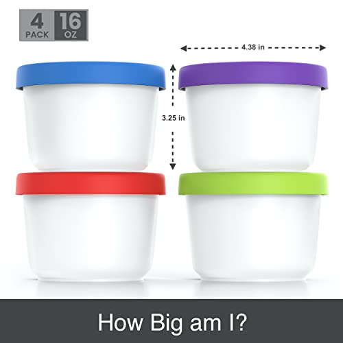 BALCI - 16oz Ice Cream Containers with Silicone Lids (Set of 4) - 1 Pint Each Freezer Food Storage Containers, Reusable, LeakProof, For Homemade IceCream Containers - Blue, Red, Green, Purple - Image 3