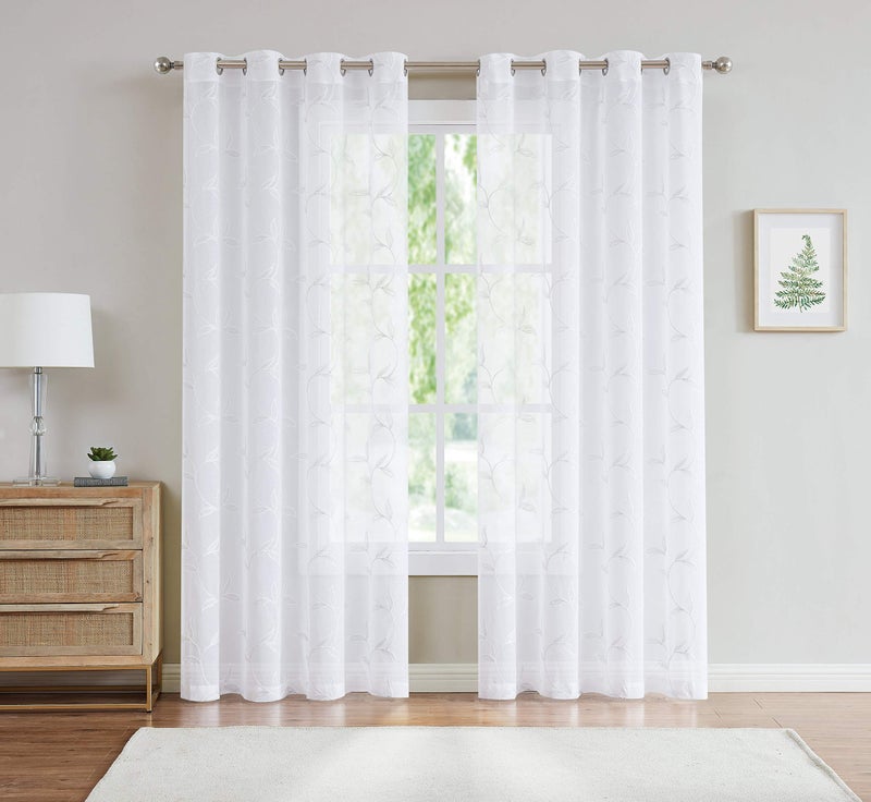 LINENZONE Pair of 2 Sheer White Curtains with White Leaf Embroidery. Modern Farmhouse Curtains for Living Room, Country Curtains for Kitchen or Bedroom Curtains. (Maria 54 x 96 White)