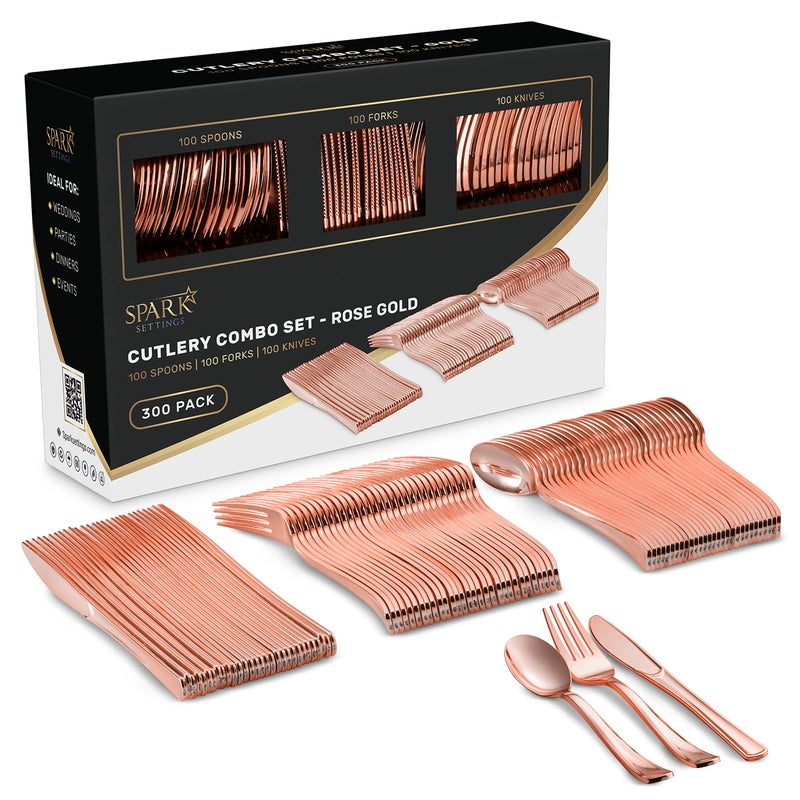 SparkSettings SparkSettings Heavy Duty Plastic Silverware Set  300 Disposable Rose Gold Utensils 100 Forks 100 Spoons  100 Knives for Party Birthday Wedding 